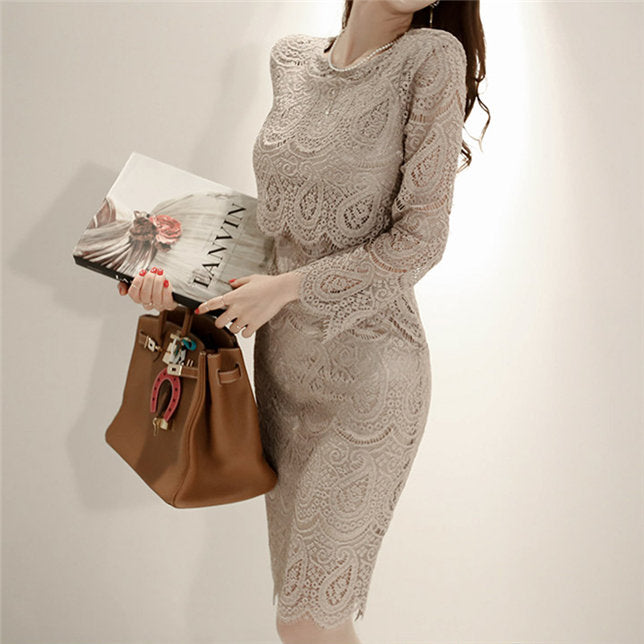 CM-DF121502 Women Elegant Seoul Style Lace Floral Slim Long Sleeve Dress - Apricot