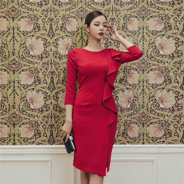 CM-DF121506 Women Casual Seoul Style Flouncing Split Backless Bodycon Dress - Red