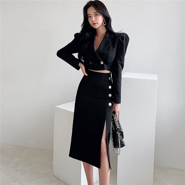 CM-SF121508 Women Casual Seoul Style Tailored Collar Single-Breasted Split Dress Set