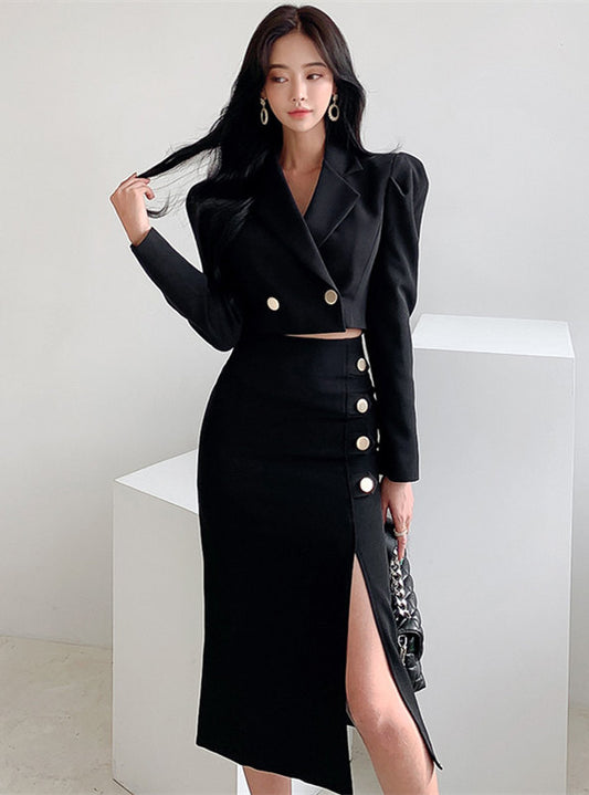 CM-SF121508 Women Casual Seoul Style Tailored Collar Single-Breasted Split Dress Set