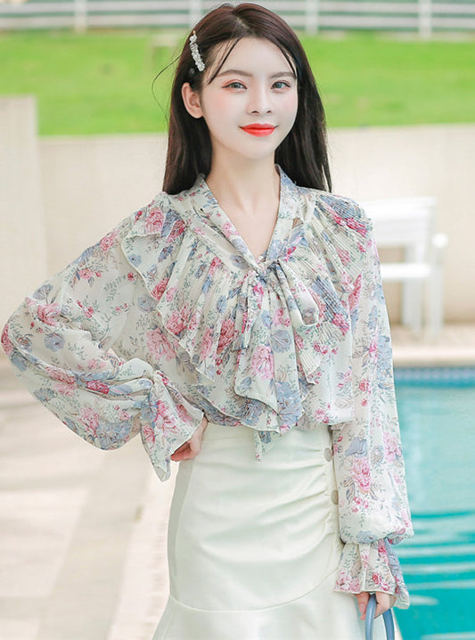 CM-TF121602 Women Charming Seoul Style Tie Collar Flouncing Floral Loosen Blouse