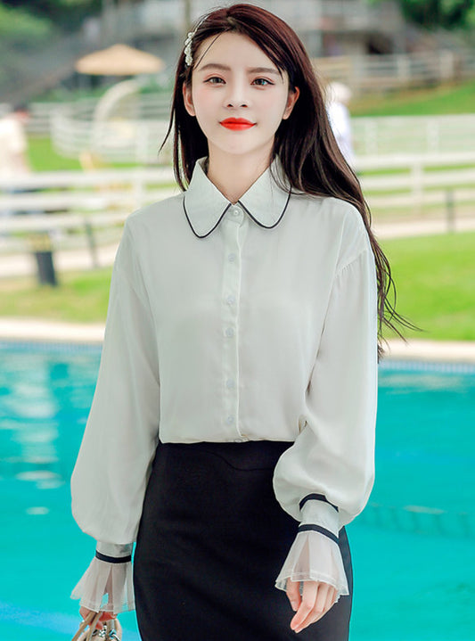 CM-TF121605 Women Casual Seoul Style Doll Collar Puff Sleeve Chiffon Blouse - White
