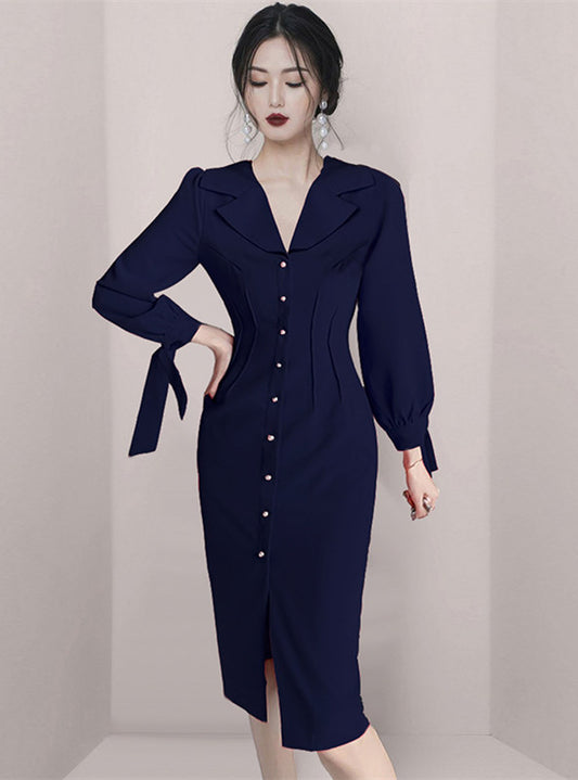 CM-DF122011 Women Retro Seoul Style Single-Breasted V-Neck Puff Sleeve Slim Dress - Dark Blue
