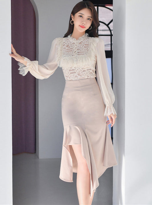 CM-SF122020 Women Elegant Seoul Style Lace Flouncing Blouse With Fishtail Skirt - Set