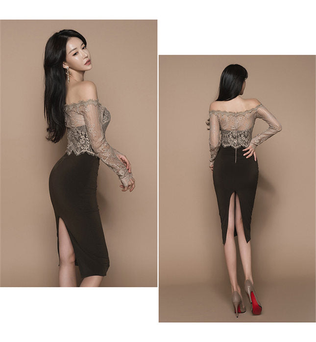 CM-DF122101 Women Elegant Seoul Style Lace Boat Neck Splicing Slim Dress - Black