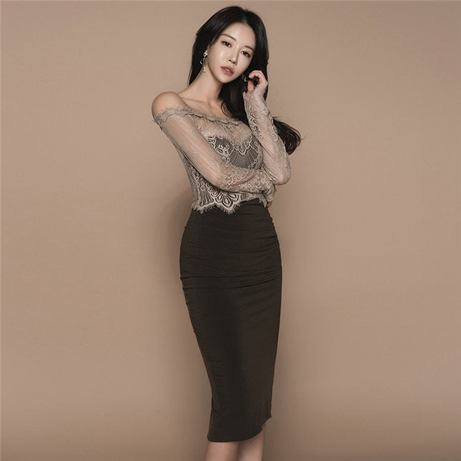 CM-DF122101 Women Elegant Seoul Style Lace Boat Neck Splicing Slim Dress - Black