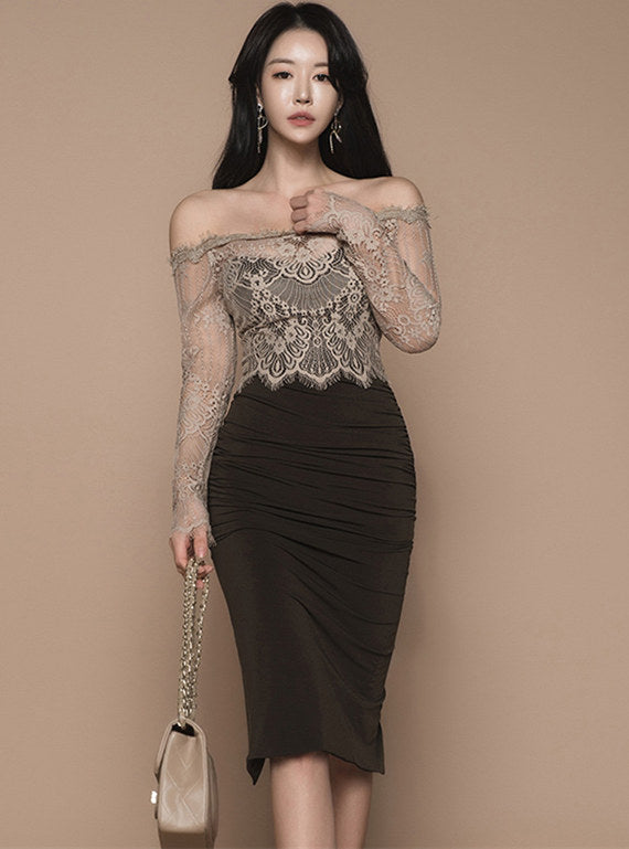 CM-DF122101 Women Elegant Seoul Style Lace Boat Neck Splicing Slim Dress - Black