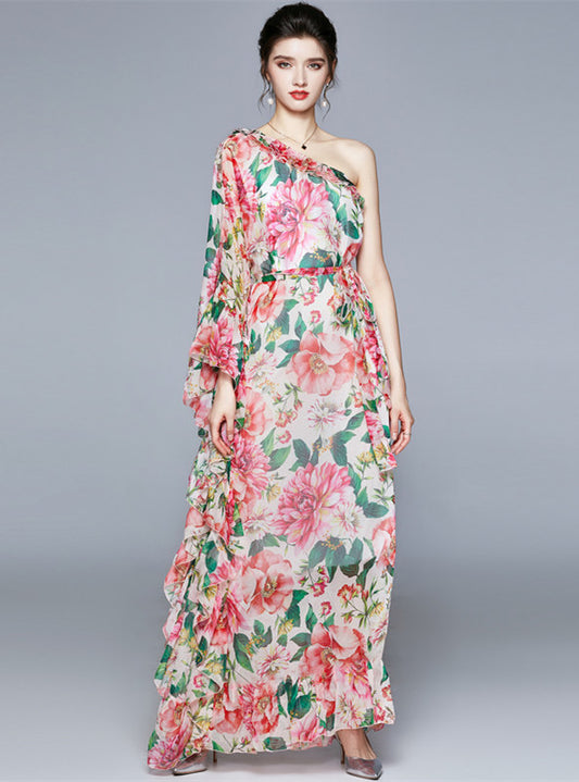 CM-DF122105 Women Charming European Style Off Shoulder Flouncing Floral Maxi Dress