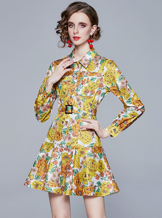 CM-DF122109 Women Retro European Style Floral Shirt Collar Flouncing A-Line Dress - Yellow