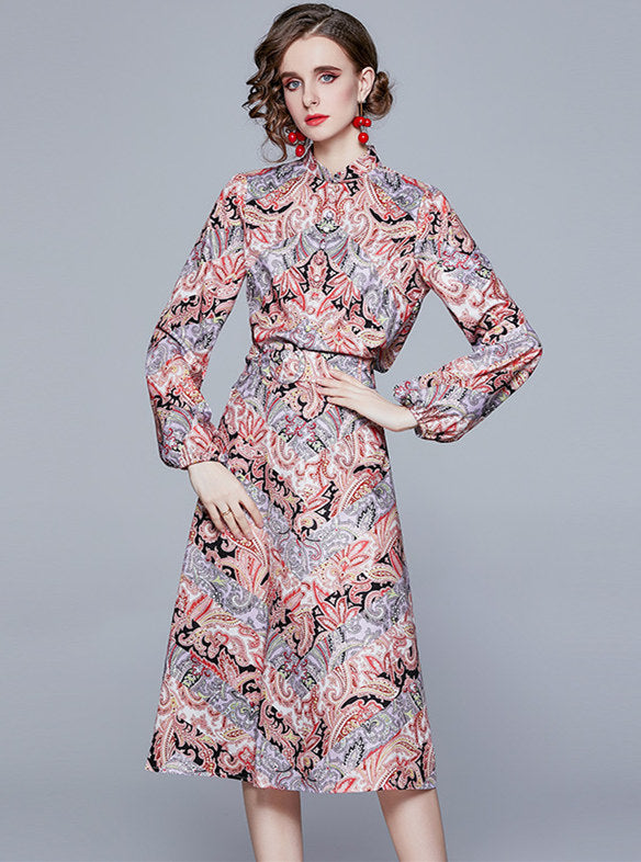 CM-SF122112 Women Retro European Style Puff Sleeve Floral Dress Set