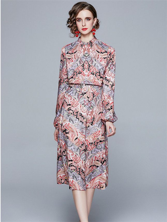 CM-SF122112 Women Retro European Style Puff Sleeve Floral Dress Set