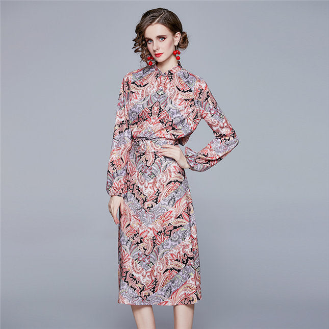 CM-SF122112 Women Retro European Style Puff Sleeve Floral Dress Set