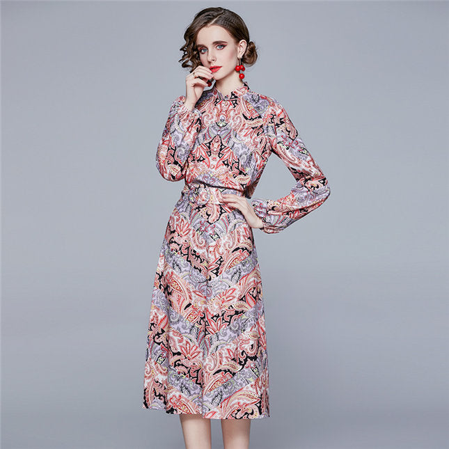 CM-SF122112 Women Retro European Style Puff Sleeve Floral Dress Set