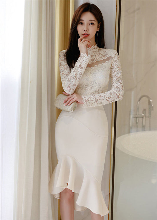 CM-SF122201 Women Elegant Seoul Style Lace Blouse With High Waist Fishtail Slim Skirt - Set