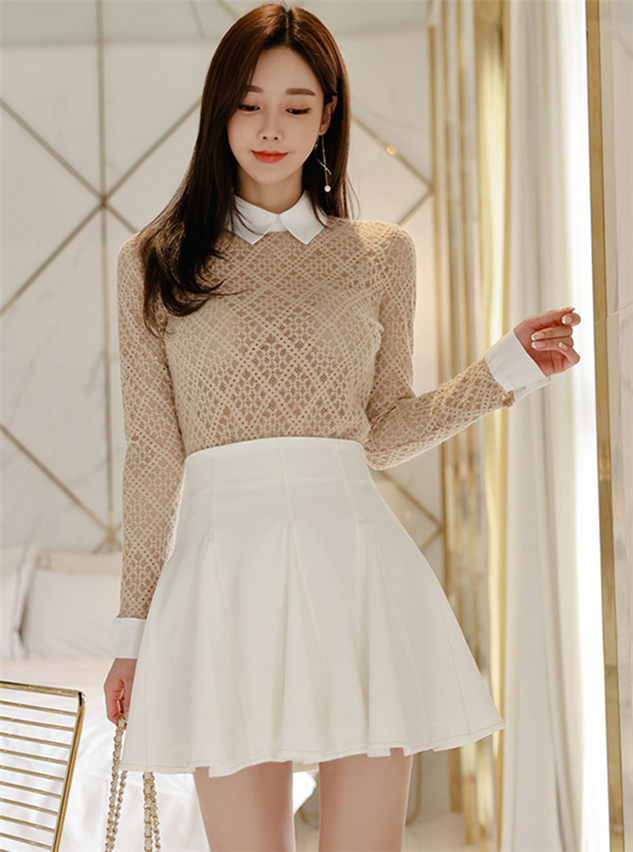 CM-SF122202 Women Casual Seoul Style Doll Collar Lace Blouse With Pleated A-Line Skirt - Set