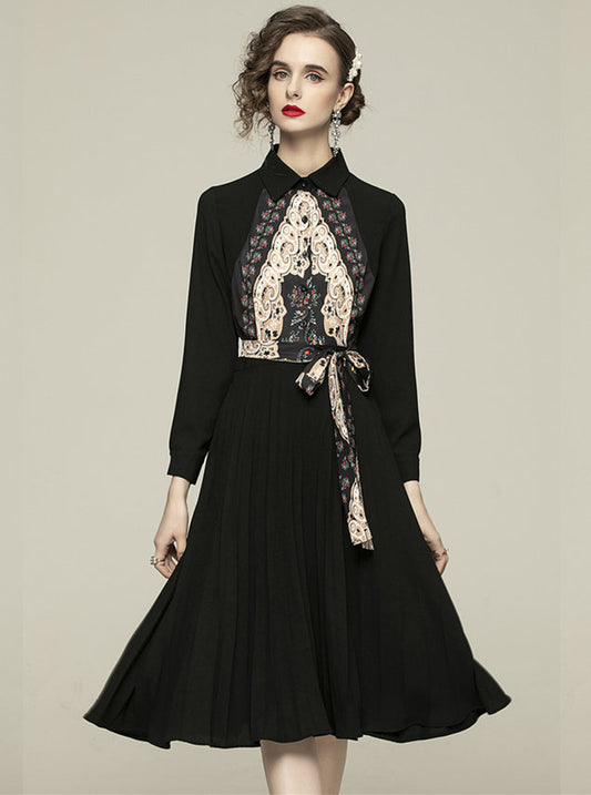 CM-DF122512 Women Retro European Style Floral Shirt Collar Tie Waist Pleated Dress - Black