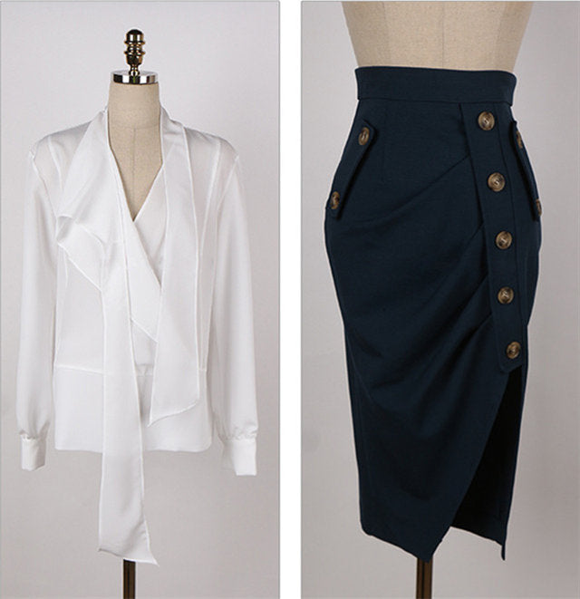 CM-SF122502 Women Elegant Seoul Style Tie Collar Loosen Blouse With Split Midi Skirt - Set