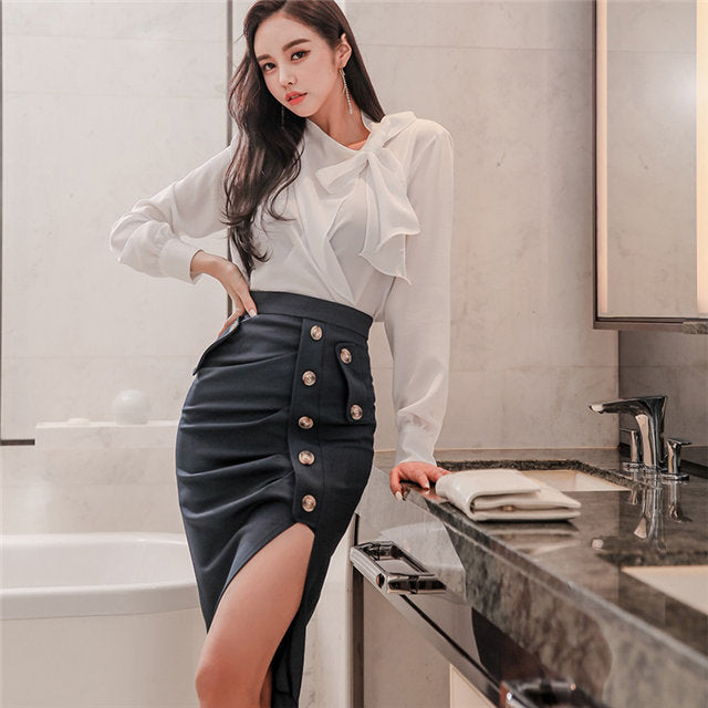 CM-SF122502 Women Elegant Seoul Style Tie Collar Loosen Blouse With Split Midi Skirt - Set