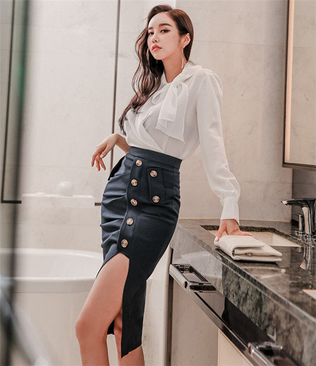 CM-SF122502 Women Elegant Seoul Style Tie Collar Loosen Blouse With Split Midi Skirt - Set