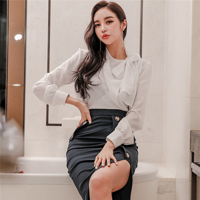 CM-SF122502 Women Elegant Seoul Style Tie Collar Loosen Blouse With Split Midi Skirt - Set