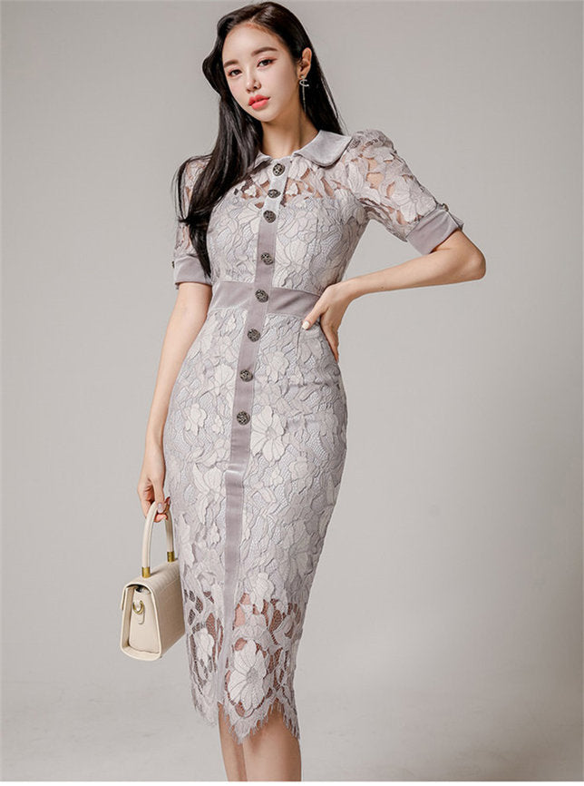 CM-DF122503 Women Elegant Seoul Style Single-Breasted Doll Collar Lace Bodycon Dress