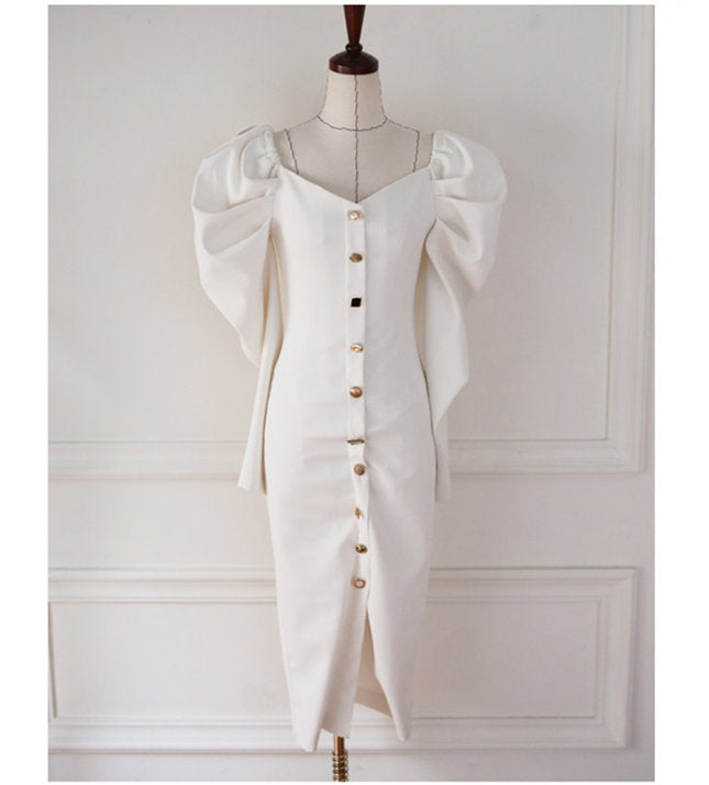 CM-DF122512 Women Elegant Seoul Style Single-Breasted Puff Sleeve Slim Dress - White