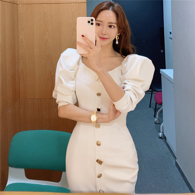 CM-DF122512 Women Elegant Seoul Style Single-Breasted Puff Sleeve Slim Dress - White