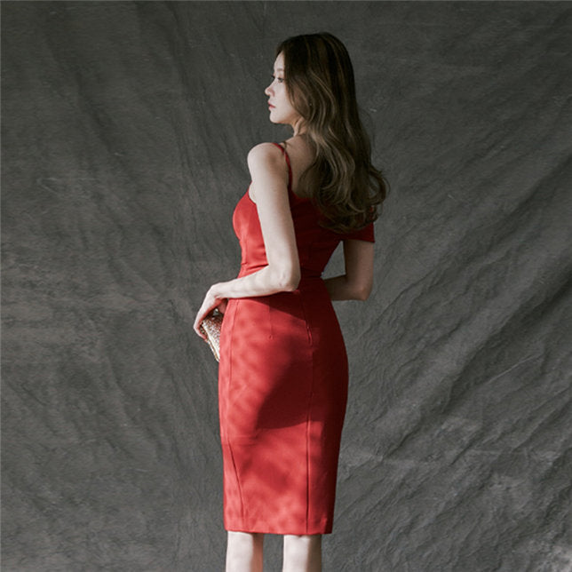 CM-DF122604 Women Elegant Seoul Style Low V-Neck Straps Bodycon Dress - Red
