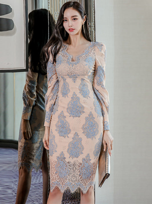 CM-DF122606 Women Elegant Seoul Style V-Neck High Waist Lace Floral Slim Dress