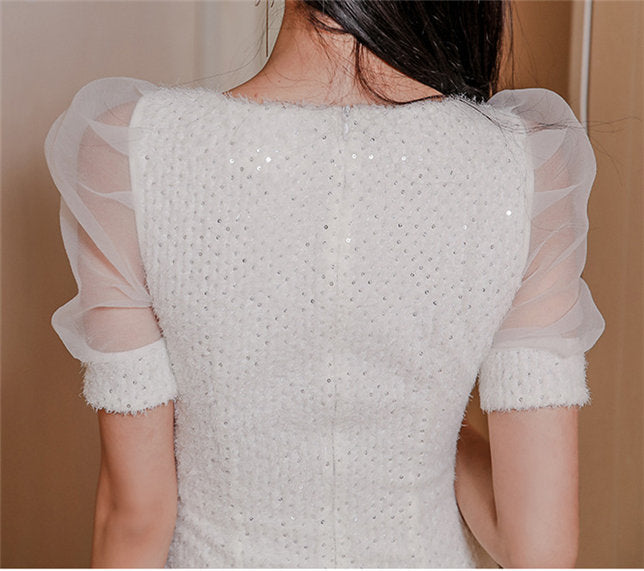 CM-DF122607 Women Elegant Seoul Style V-Neck Gauze Sleeve Bodycon Dress - White