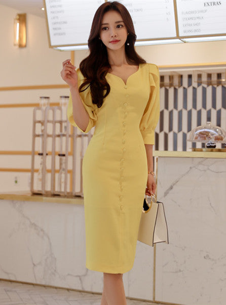 CM-DF122612 Women Casual Seoul Style Single-Breasted V-Neck Puff Sleeve Dress - Yellow