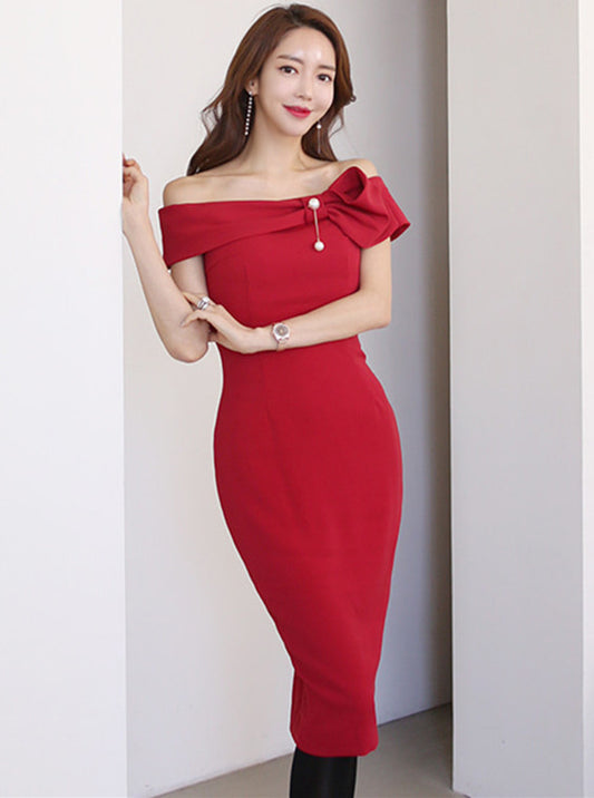 CM-DF122905 Women Elegant Seoul Style Beads Bowknot Boat Neck Skinny Dress - Red