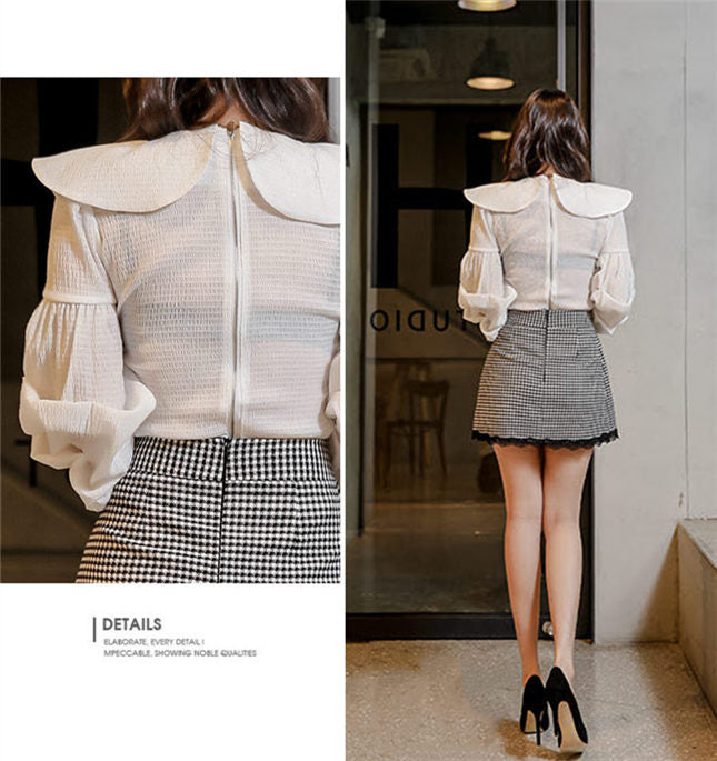 CM-SF010603 Women Casual Seoul Style Puff Sleeve Wraps Blouse With Houndstooth Skirt - Set