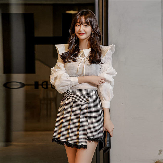 CM-SF010603 Women Casual Seoul Style Puff Sleeve Wraps Blouse With Houndstooth Skirt - Set