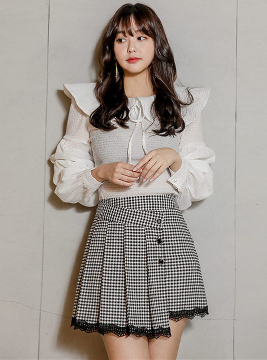 CM-SF010603 Women Casual Seoul Style Puff Sleeve Wraps Blouse With Houndstooth Skirt - Set
