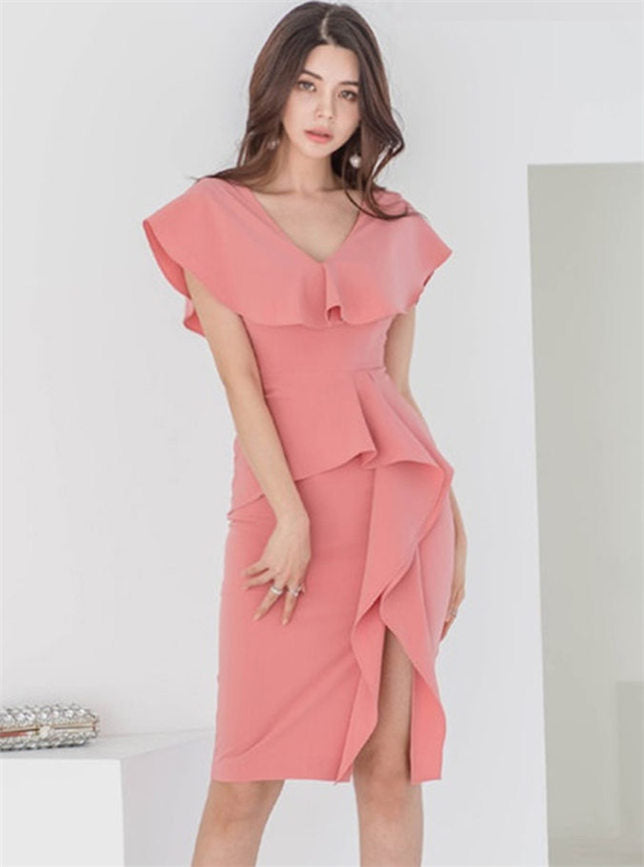 CM-DF010604 Women Casual Seoul Style Flouncing V-Neck Split Bodycon Dress - Pink