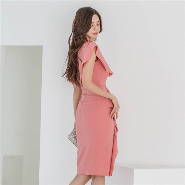 CM-DF010604 Women Casual Seoul Style Flouncing V-Neck Split Bodycon Dress - Pink