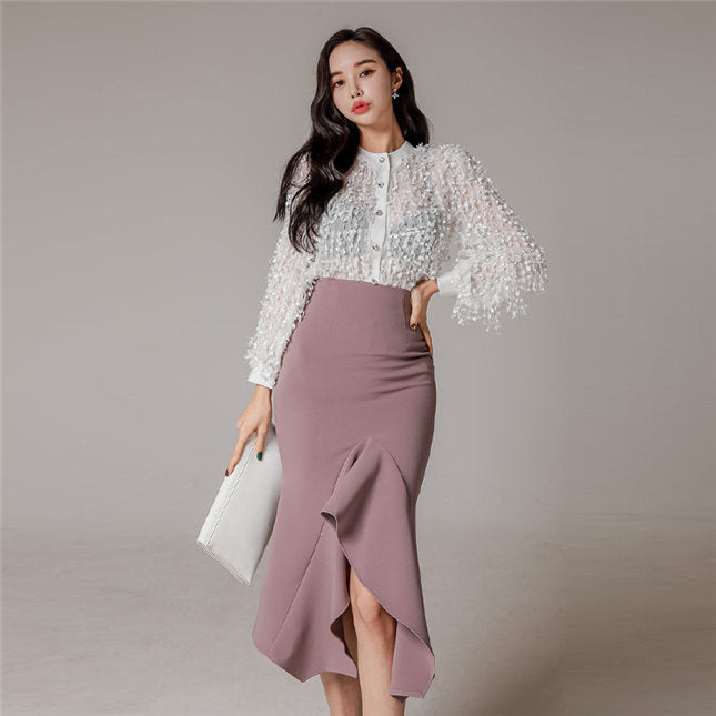 CM-SF010607 Women Elegant Seoul Style Tassels Puff Sleeve Blouse With Fishtail Midi Skirt - Set