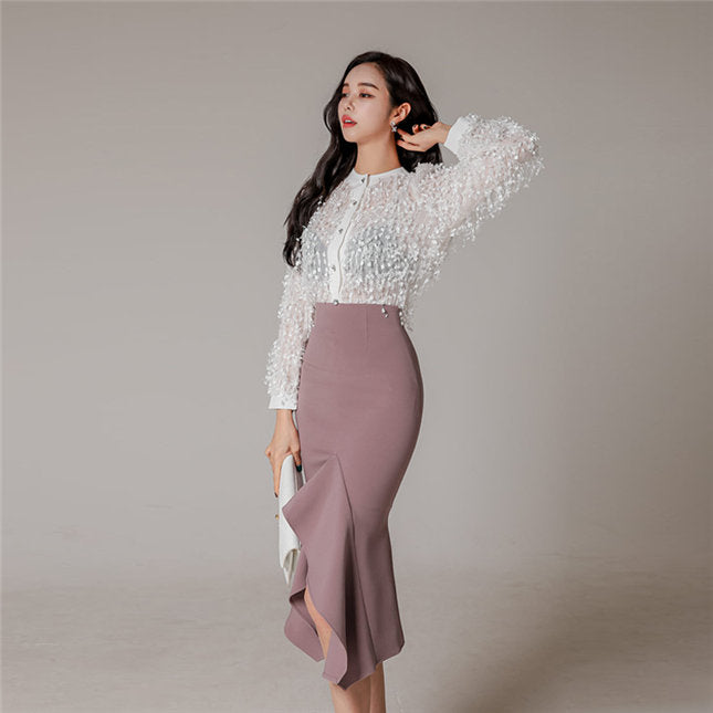 CM-SF010607 Women Elegant Seoul Style Tassels Puff Sleeve Blouse With Fishtail Midi Skirt - Set