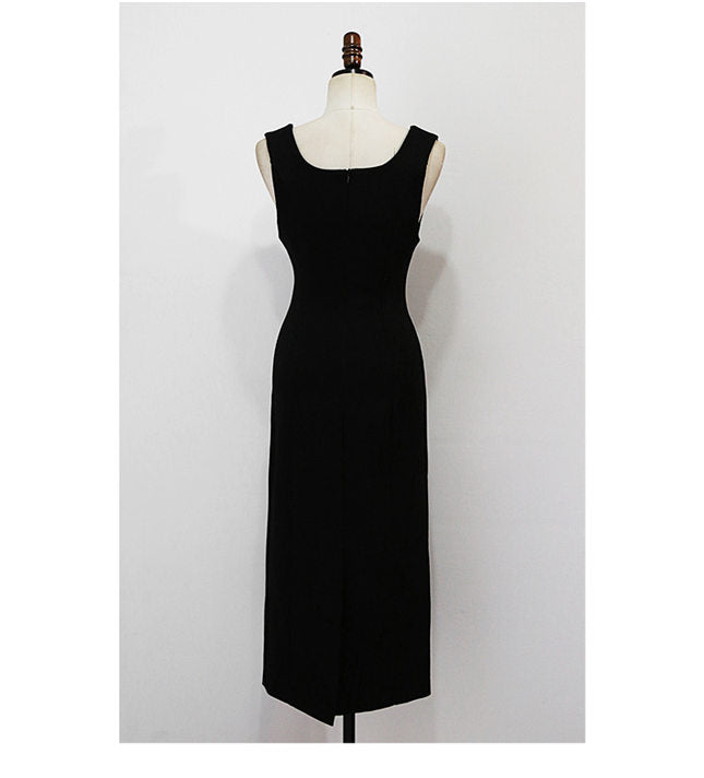 CM-DF010705 Women Elegant Seoul Style V-Neck Fitted Waist Bodycon Tank Dress - Black