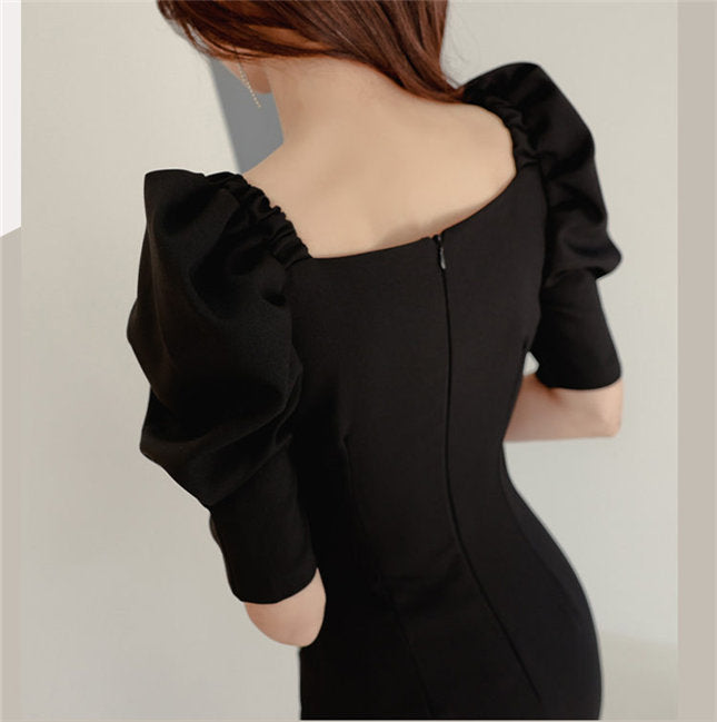 CM-DF011104 Women Casual Seoul Style Square Collar Puff Sleeve Bodycon Dress - Black