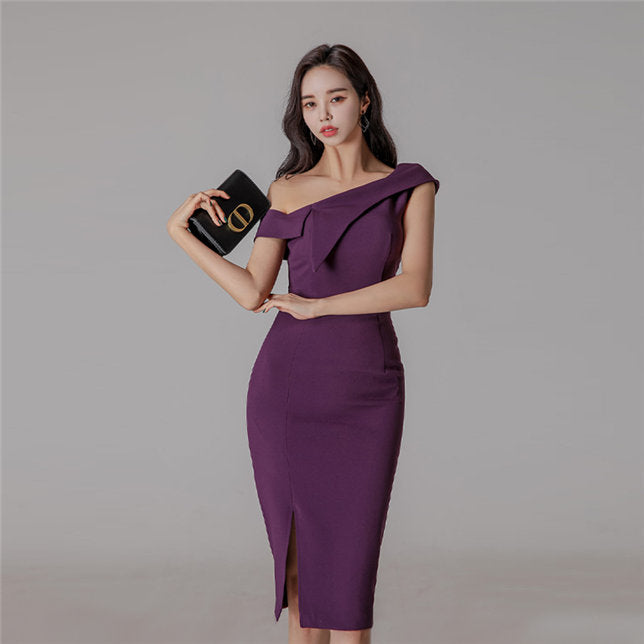 CM-DF011105 Women Casual Seoul Style Off Shoulder Split Skinny Tank Dress - Purple