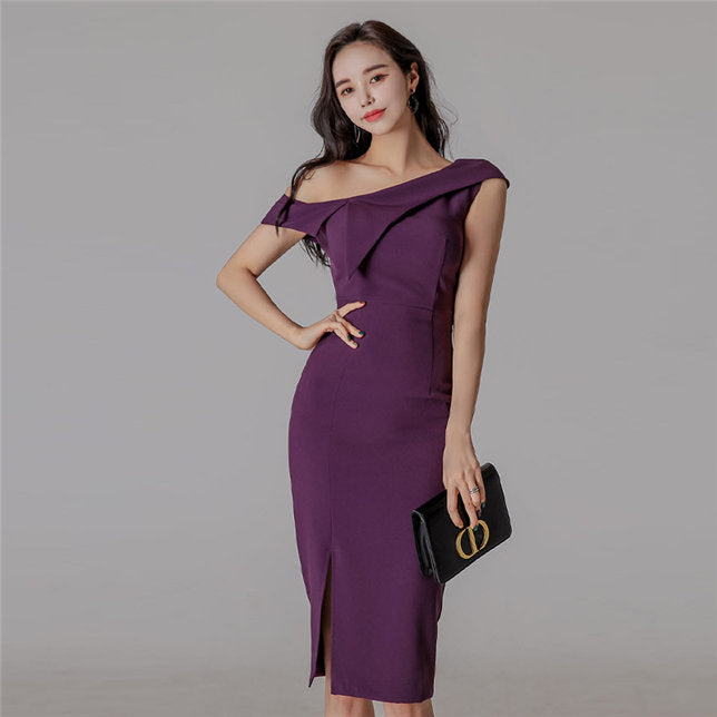 CM-DF011105 Women Casual Seoul Style Off Shoulder Split Skinny Tank Dress - Purple