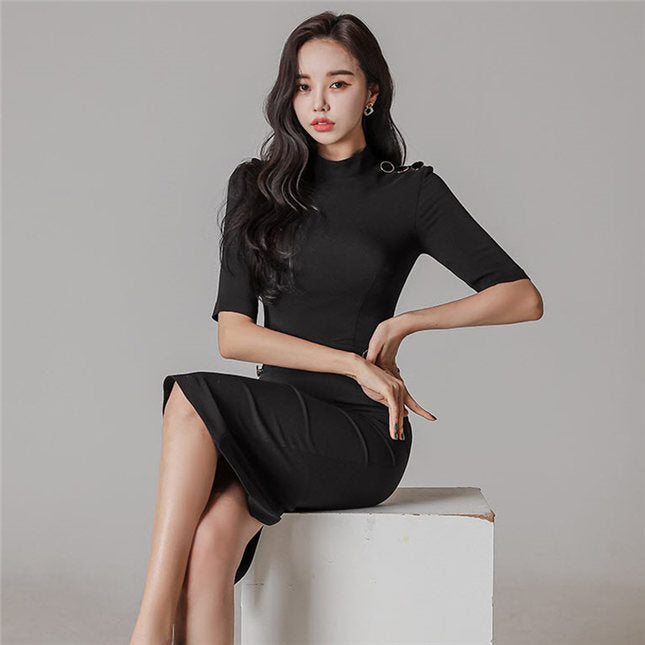 CM-DF011107 Women Casual Seoul Style Fitted Waist Round Neck Short Sleeve Dress - Black