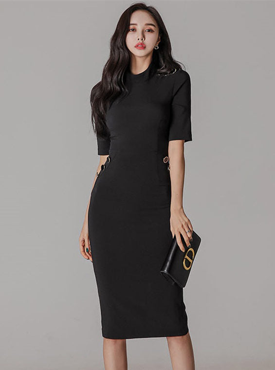 CM-DF011107 Women Casual Seoul Style Fitted Waist Round Neck Short Sleeve Dress - Black
