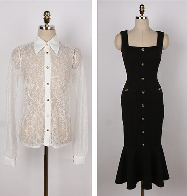 CM-SF011603 Women Elegant Seoul Style Lace Blouse With Single-Breasted Fishtail Straps Dress Set