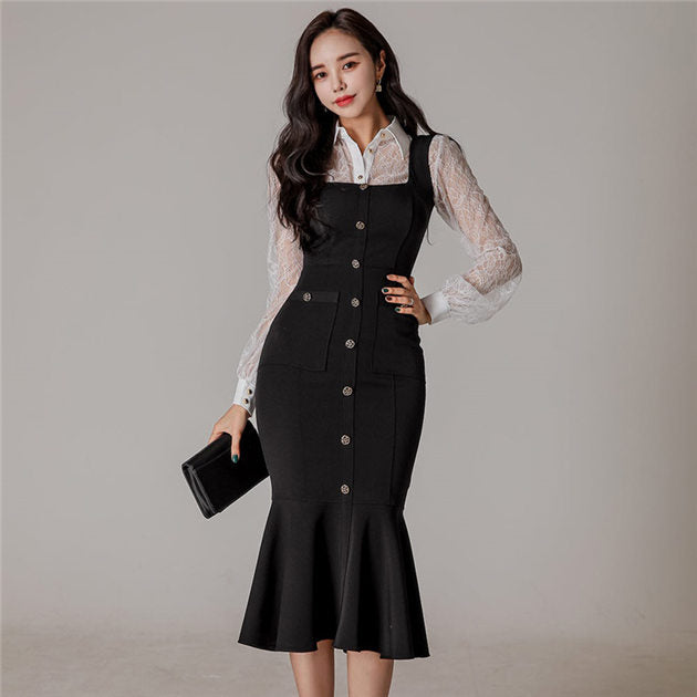 CM-SF011603 Women Elegant Seoul Style Lace Blouse With Single-Breasted Fishtail Straps Dress Set