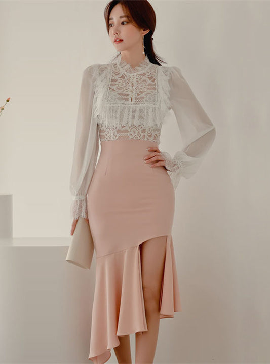 CM-SF011605 Women Elegant Seoul Style Flouncing Chiffon Blouse With Fishtail Skinny Skirt - Set