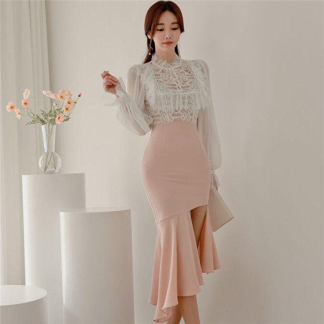 CM-SF011605 Women Elegant Seoul Style Flouncing Chiffon Blouse With Fishtail Skinny Skirt - Set