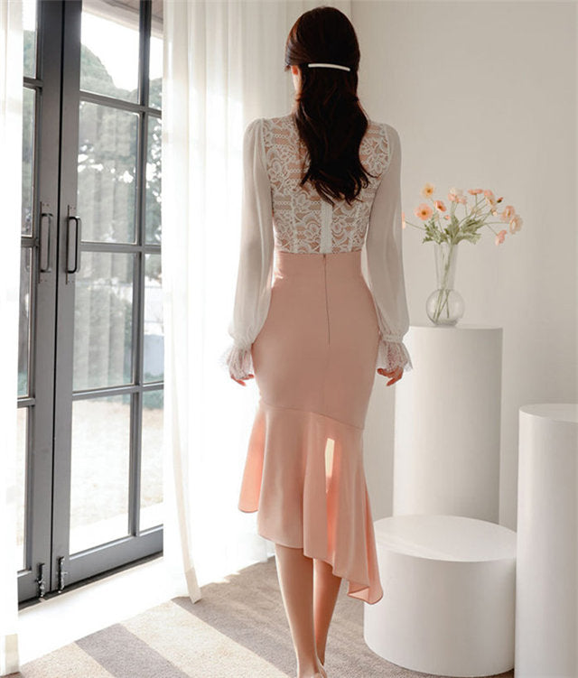 CM-SF011605 Women Elegant Seoul Style Flouncing Chiffon Blouse With Fishtail Skinny Skirt - Set